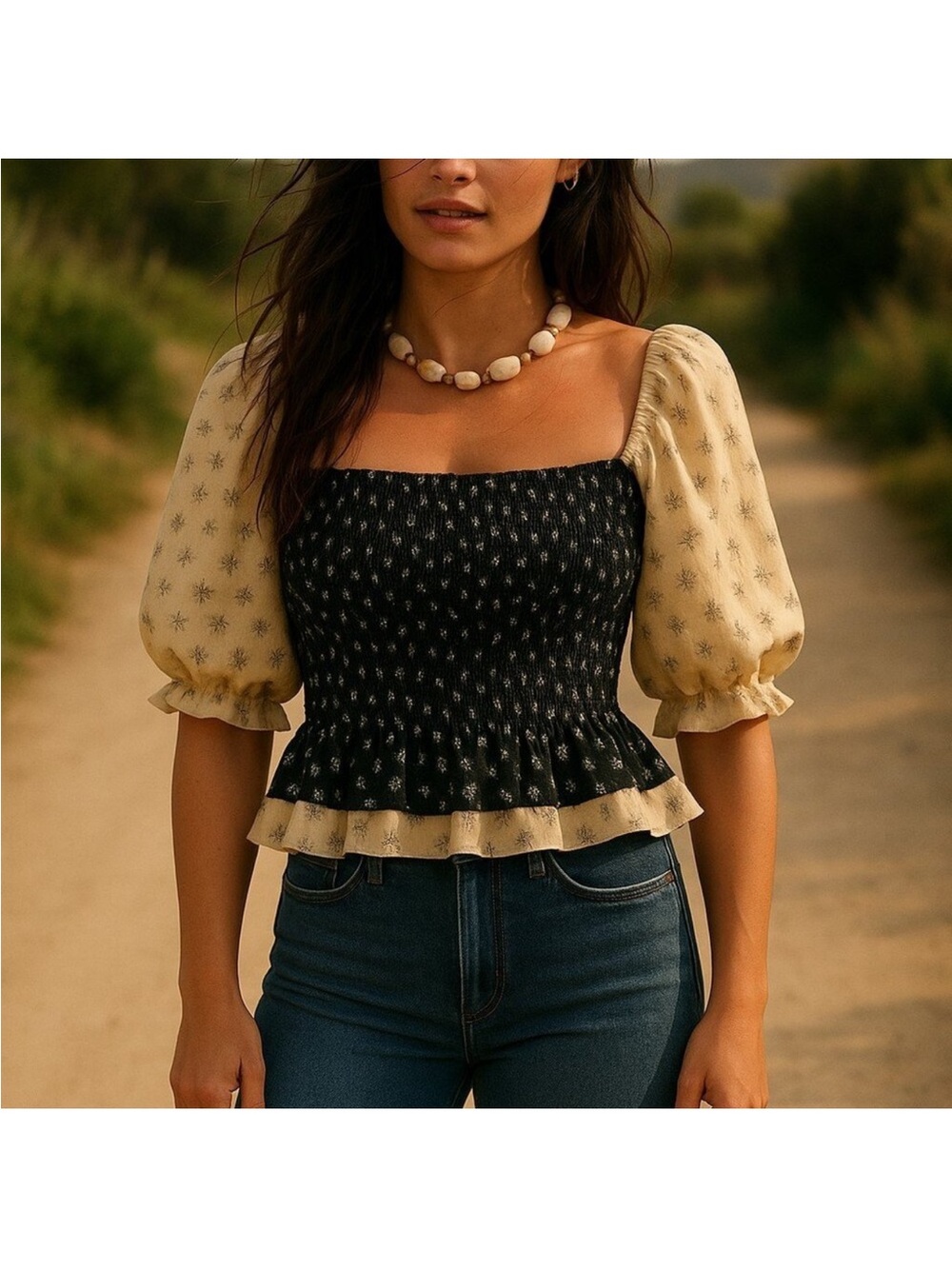 English Factory Black and Cream Smocked Square Neck Peplum Top